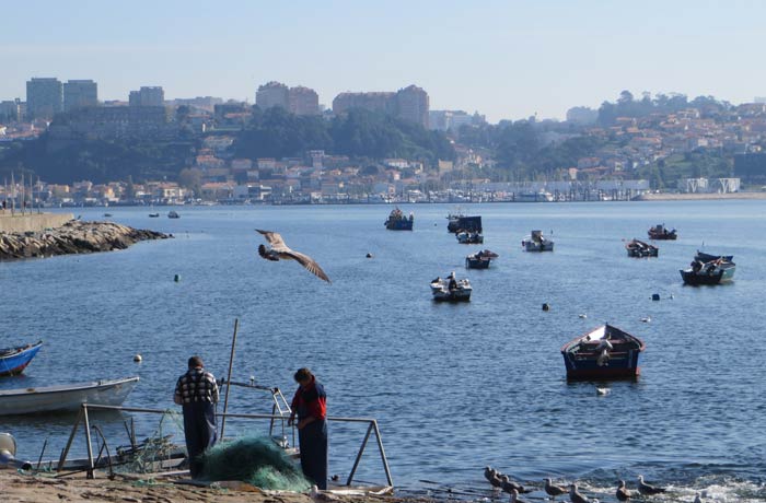 Pescadores con Vila Nova de Gaia al fondo desembocadura del Duero