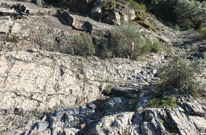 Sendero empedrado que hay que tomar en el punto del giro y hito de señalización a la izquierda de la imagen Camino de los Trasiegos